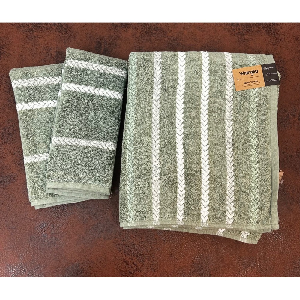 Wrangler Sage Green White Chevron Stripe 100% Cotton Bath Towel Set 4 Piece NEW